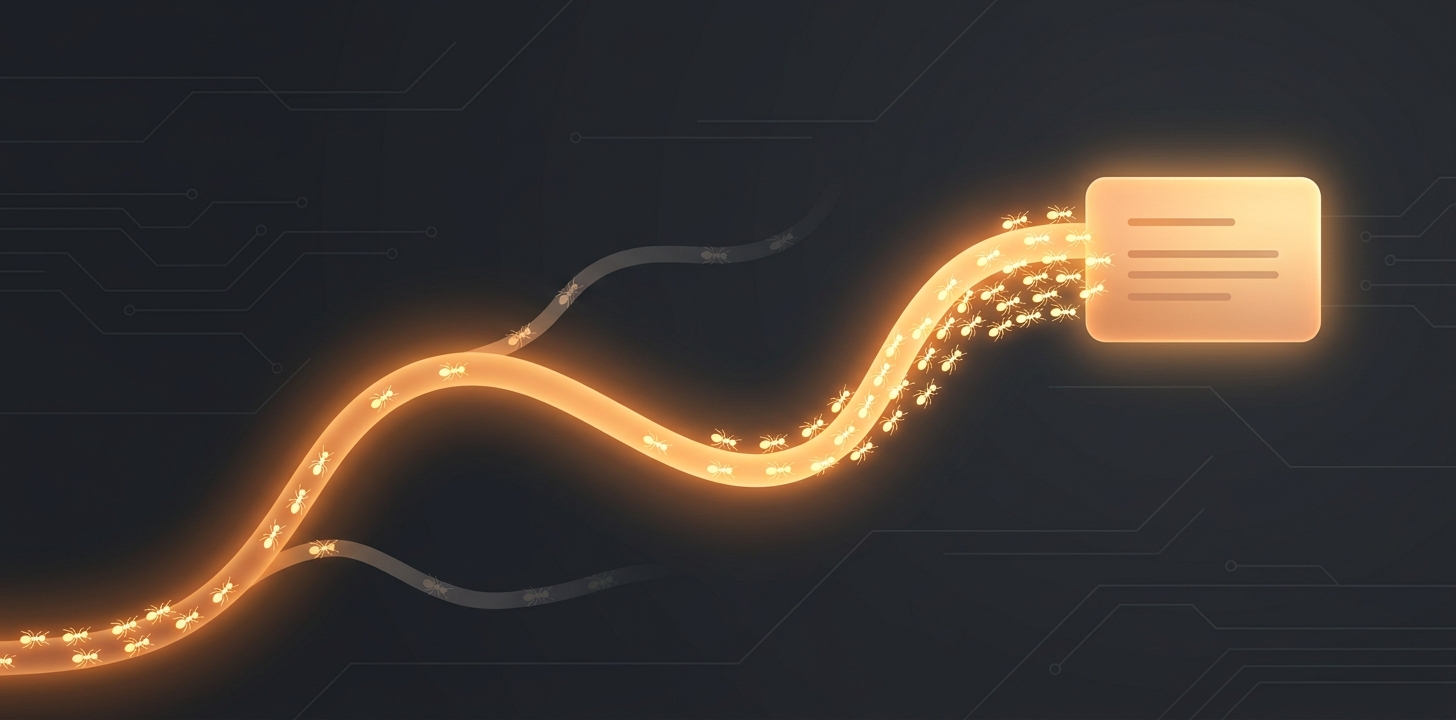 A glowing trail of ants converging on a GitHub issue card; side trails that lead nowhere fade out